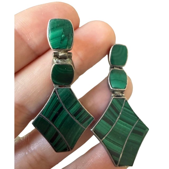 Metal Circa 1970s Malachite & 970 Silver Articulated Drop Earrings With 14k Gold Posts, Pair For Sale - Image 7 of 18