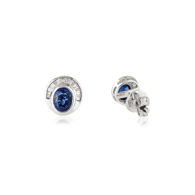 Vintage Style 1.27 Ct Blue Sapphire & Diamond Stud Earrings in 14k White Gold For Sale In New York - Image 6 of 16