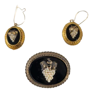 19th Century Victorian Jewelry Suite Set With Earrings and Brooch Pin, Grape Motif