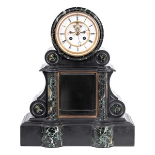 French Black Sand Green Marble Mantel Clock For Sale
