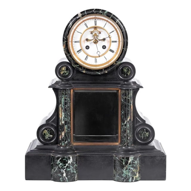 French Black Sand Green Marble Mantel Clock For Sale