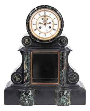 French Black Slate and Green Marble Mantel Clock
