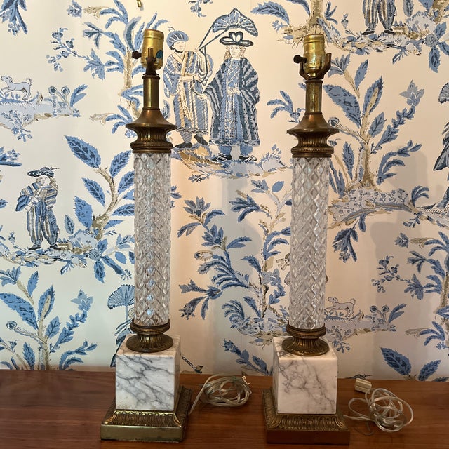Vintage Neoclassical, Cut Crystal and Marble Column Lamps a Pair For Sale - Image 9 of 11