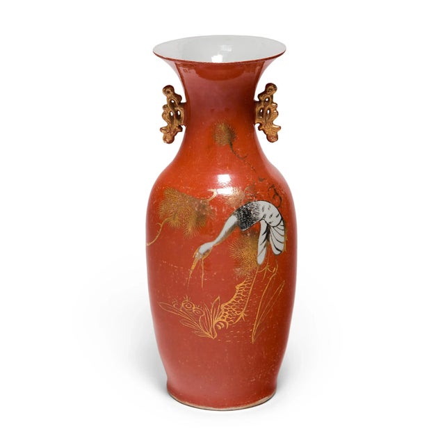Persimmon Chinese Deco Persimmon Phoenix Tail Vase With White Crane, Circa 1920 For Sale - Image 8 of 8