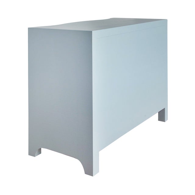 Metal Matthew Izzo Home Cora Light Blue Textured Linen Three Drawer Chest With Satin Brass Drawer Pulls For Sale - Image 7 of 9