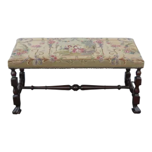 Early 1900s Tapestry Carved Stool Bed Bench Ottoman 5700
