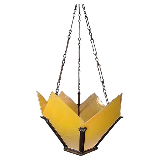 Vintage Art Deco Brass Crown-Shaped Pendant Light with Yellow Frosted Glass Panes For Sale