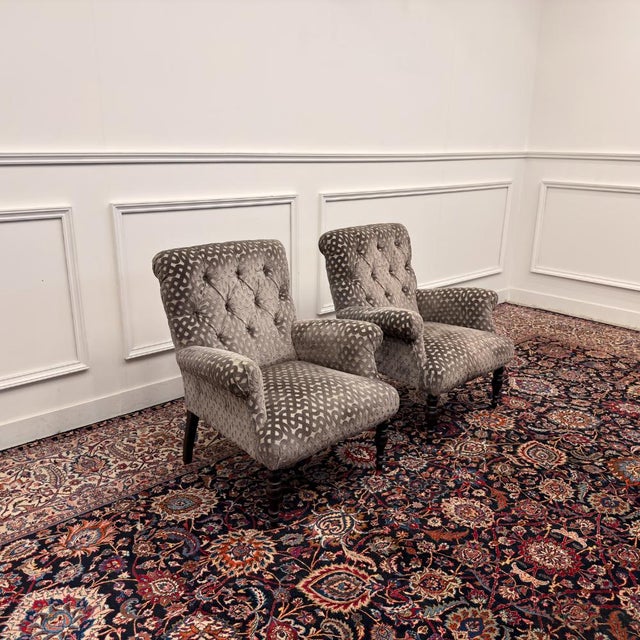 Chesterfield Armchairs in Gray Pattern Velvet, Set of 2 For Sale - Image 3 of 14