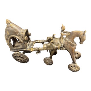 Antique Bronze Indian Temple Chariot Horse Toy on Wheels ~ 8.5" / 2.75 LBS For Sale