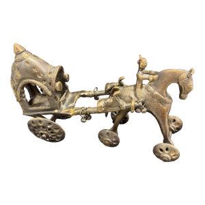 Antique Bronze Indian Temple Chariot Horse Toy on Wheels ~ 8.5" / 2.75 LBS