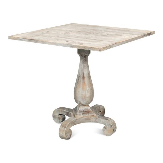 Antiqued Bistro Table in Grey Oak, Turned Pedestal For Sale In Raleigh - Image 6 of 12