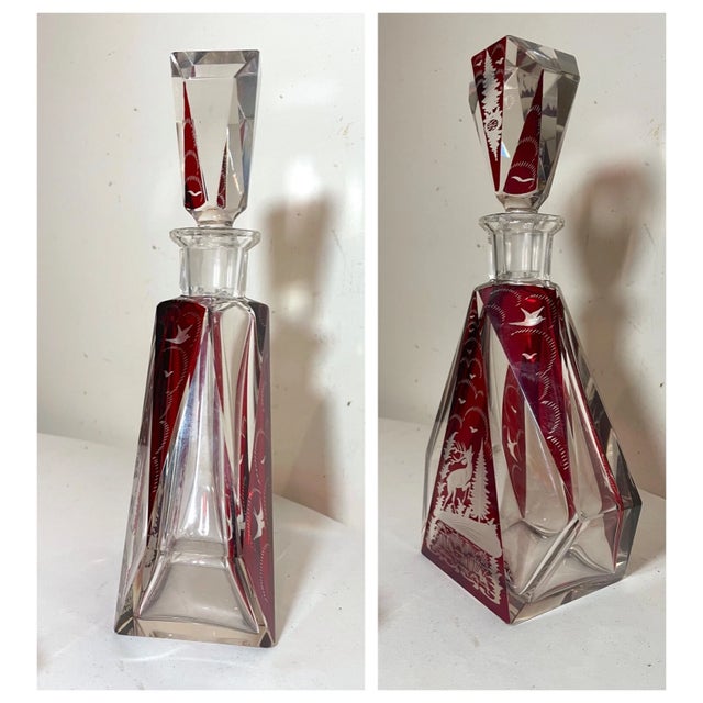 Moser Glassworks Antique Cut to Clear Crystal Moser Czech Bohemian Red Deco Glass Decanter Set For Sale - Image 4 of 12