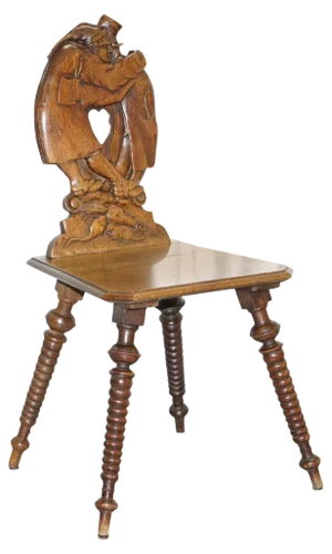 Black Forest Carved Oak Bobbin Hall Chair Depicting Two Friends Hugging