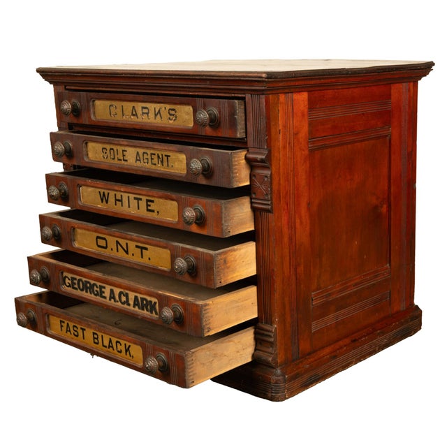 Antique Eastlake Clark's Walnut Mercantile Store Advertising Thread Cabinet 1880 For Sale - Image 10 of 18