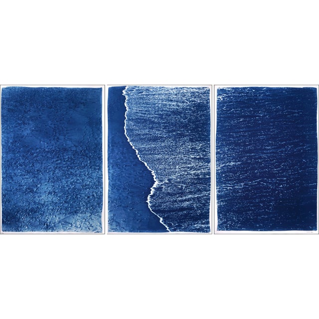 2022 "Calm Costa Rica Shore" Handmade Minimalist Seascape Triptych Cyanotype Prints by Kind of Cyan - Set of 3 For Sale - Image 11 of 11