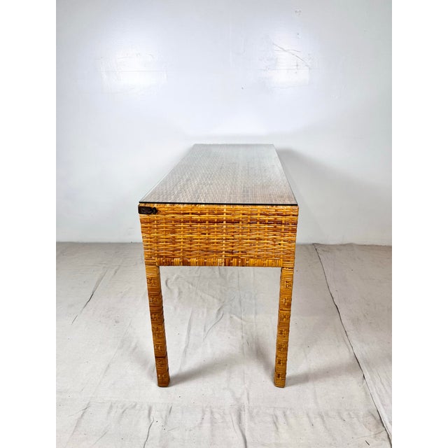 Vintage Woven Caning Wrapped Rattan Campaign Console Table Desk For Sale - Image 9 of 12