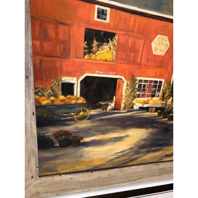 1970s Autumn Barn Landscape and Oil on Canvas of Red Barn Signed J. Preece For Sale - Image 9 of 13