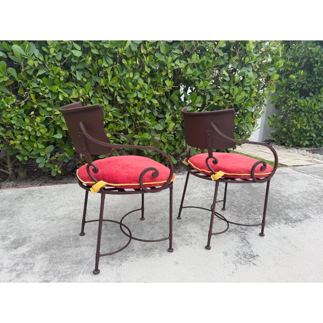Late 20th Century Vintage Scroll Arm Wrought Iron Patio Dining Chairs - Pair For Sale - Image 5 of 12