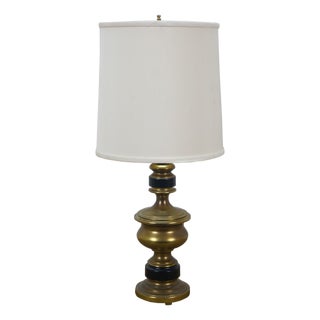 Mid 20th Century Hollywood Regency Brass Black Banded Enameled Table Lamp 23" For Sale
