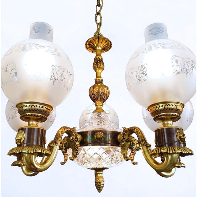 Vintage Empire Victorian French 5-Arm Brass Lion Head Chandelier with Etched Globes and Crystal Glass, 1950s For Sale - Image 13 of 17