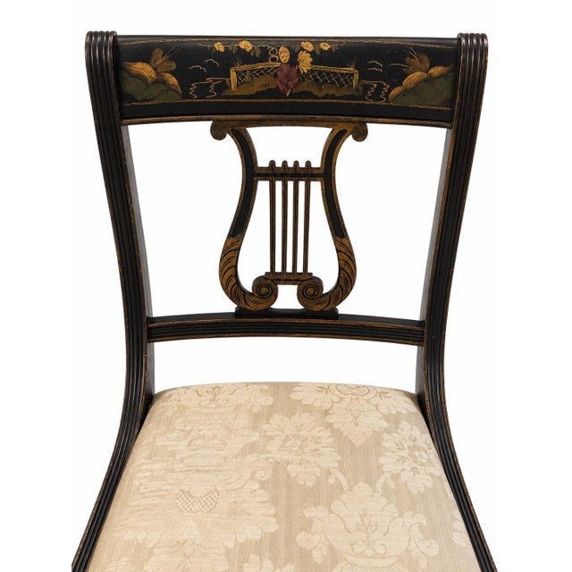 Set of Six Regency Style Ebonized and Parcel-Gilt Lyre Back Dining Chairs For Sale - Image 9 of 9