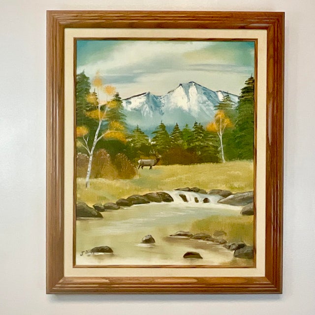 Mid-Century Rustic Americana Elk Wildlife & Scenic Mountain Steam Oil Painting, Signed J. Dirks For Sale - Image 4 of 14