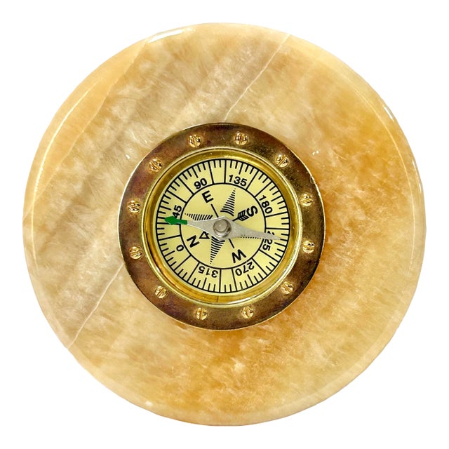 1970s Marble Compass Paperweight – Nautical Desk Decor – Vintage Office Object For Sale