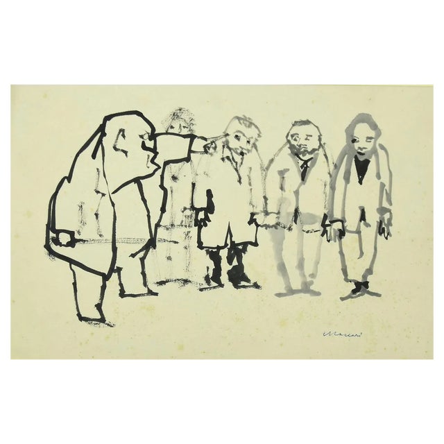 Mino Maccari, The Order, Black Marker and Watercolor on Paper, 1960s For Sale