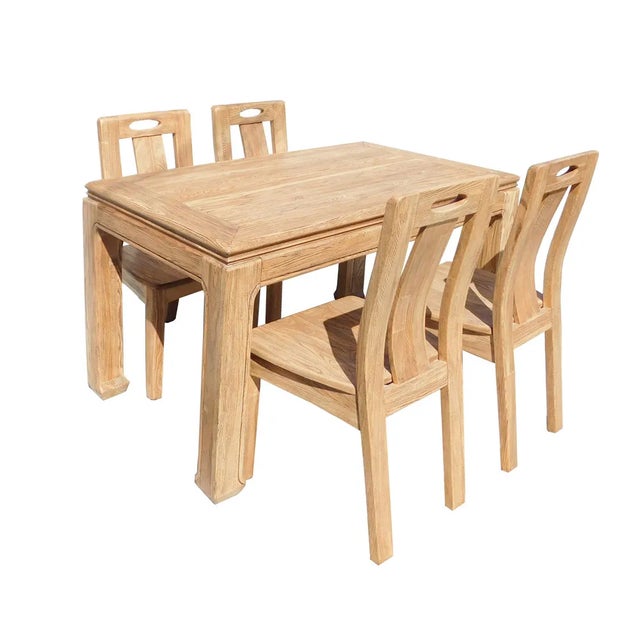 Rustic Oriental Light Wood Rough Grain Rectangular Dining Table 4 Chairs Set For Sale - Image 3 of 7