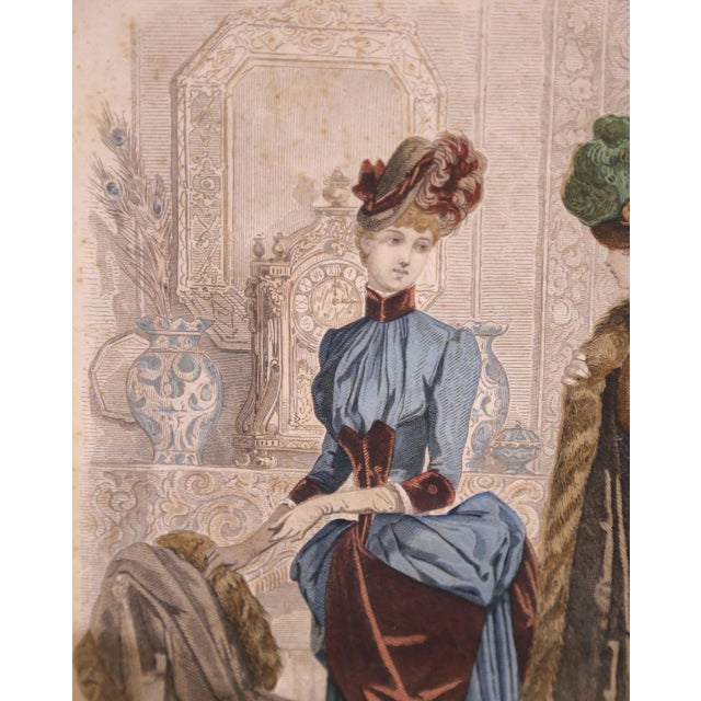 Pair 19th Century French Fashion Engravings in Walnut Frames For Sale - Image 11 of 17