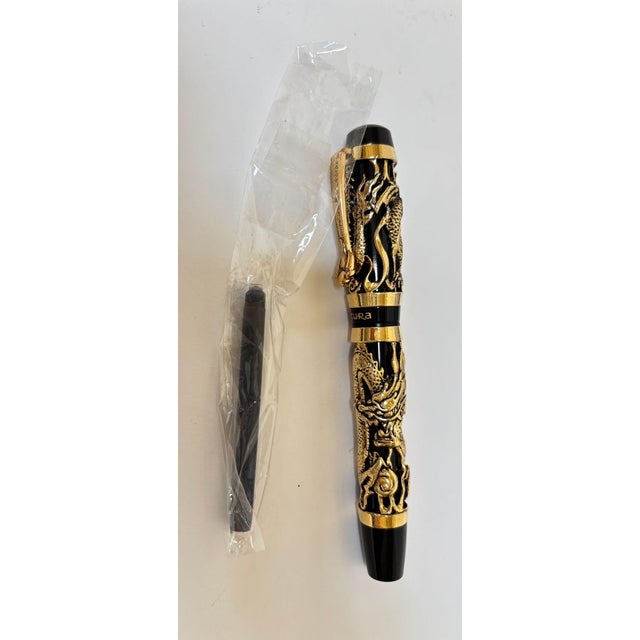 Ebony Dragon Motif Fountain Pen, Gold Overlay on Black, Acura, Mint in Box Circa 1990 For Sale - Image 8 of 18