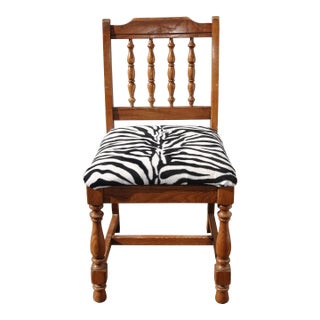 Vintage French Country Oak Vanity Side Chair W Zebra Print Fabric For Sale