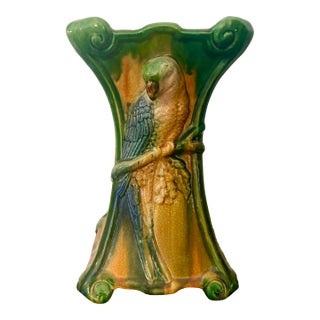 Vintage Majolica Style Glazed Pottery Vase With Parrot For Sale
