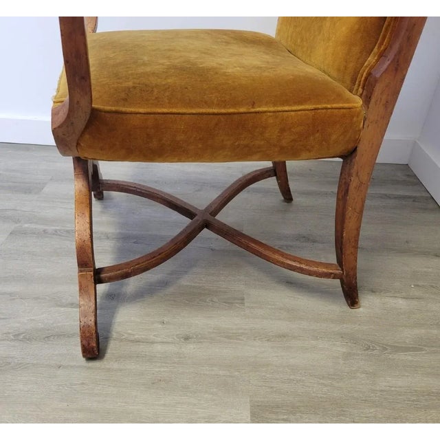 1970s French Revival Porter’s Canopy Chair in Fruitwood and Ochre Velvet For Sale - Image 11 of 11