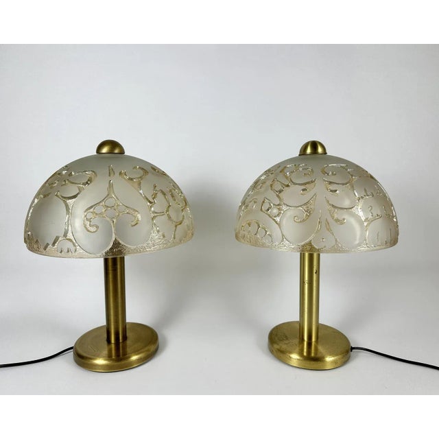 Mid-Century Modern Vintage Table Lamps in Glass and Brass by Peill & Putzler, 1970s, Set of 2 For Sale - Image 3 of 11