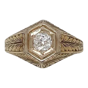 Antique Edwardian Feather Engraved 14 Karat Gold & Old European Cut Diamond Ring Size 6.5