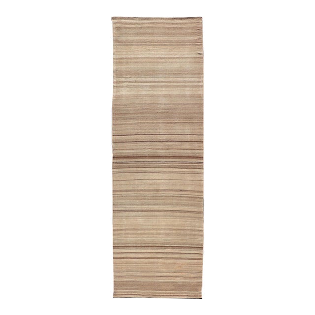 Vintage Turkish Kilim Runner With Warm Beige and Soft Brown Striped Design For Sale