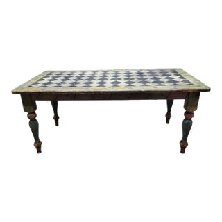 Vintage Rustic Checker Hand Painted Pine Dining Table For Sale