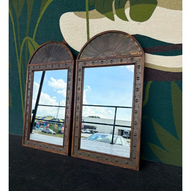 Late 20th Century Sarreid Rustic Brass & Wood Arched Mirror Pair For Sale - Image 5 of 11