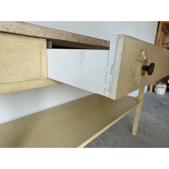 Wood Italian Vintage Two- Tier Console Hall Sofa Table With Travertine Marble Top For Sale - Image 7 of 12