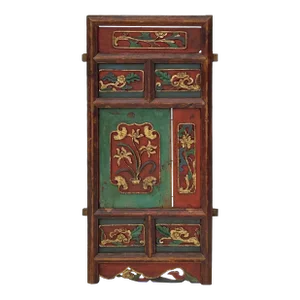 Chinese Vintage Restored Wood Carving Red Paint Wall Hanging Art