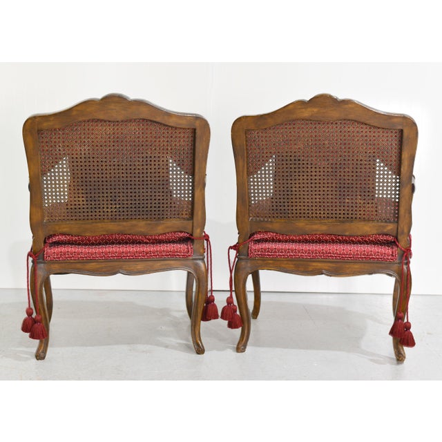 Vintage French Bergere Carved Wood Cane Red Occasional Chairs - a Pair For Sale In Chicago - Image 6 of 12