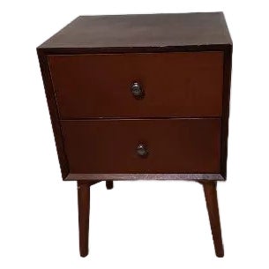 Mid Century Modern Nightstand Rubber Wood Legs Brown Two Drawer For Sale