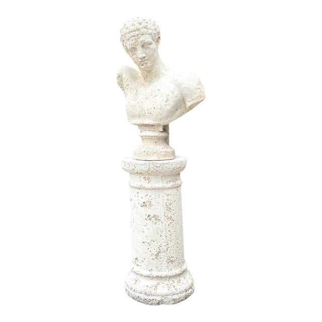 Vintage Faux Coral Cast Plaster Bust of Hermes on Pedestal For Sale