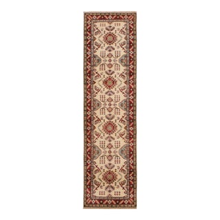Boho Chic Kazak Ivory/Red Wool Runner Rug - 2'8''x9'8'' For Sale
