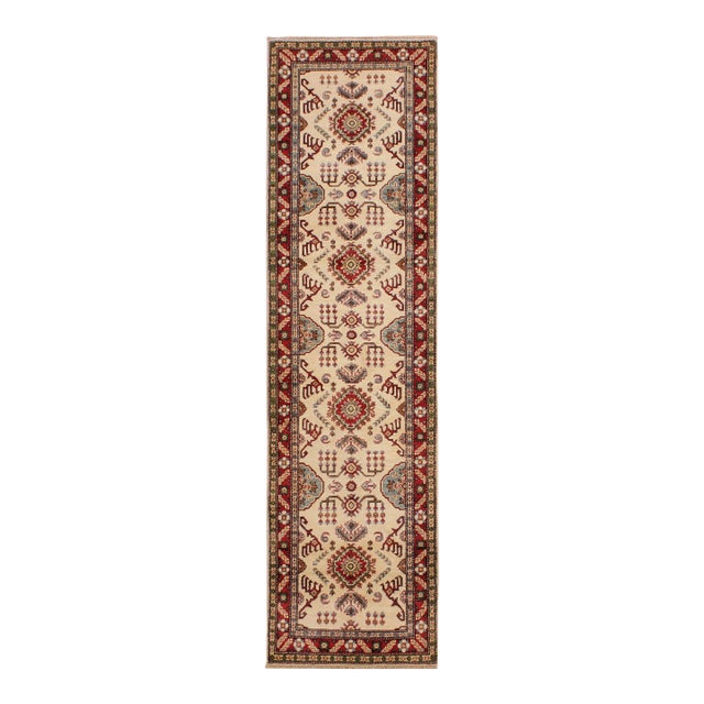 Boho Chic Kazak Ivory/Red Wool Runner Rug - 2'8''x9'8'' For Sale