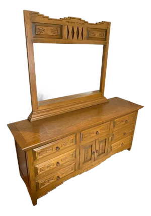 Lightly Refinished Carved Southwestern Style Dresser With Mirror