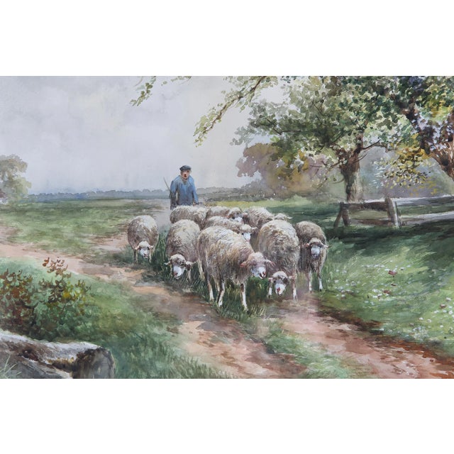 Gilt wood framed water color painting of herding sheep . The painting is in great condition . Minor wear consistent with...