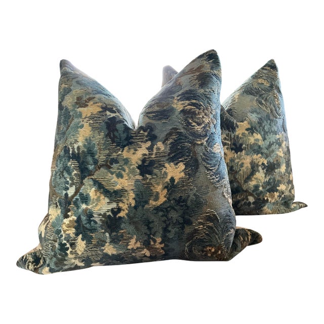 Brunschwig and Fils Ming Velvet in Blue-Pair Designer 22’ Down Filled Complete Pillows. For Sale