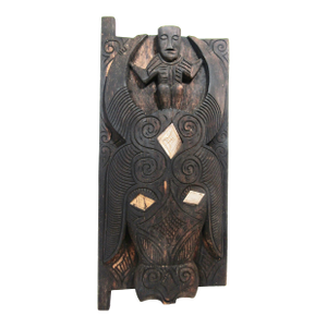 Batak Toba Singa Guardian Carved Wood Panel W/ Bone Inlay, Indonesia, 17.75" Mid-20th Century